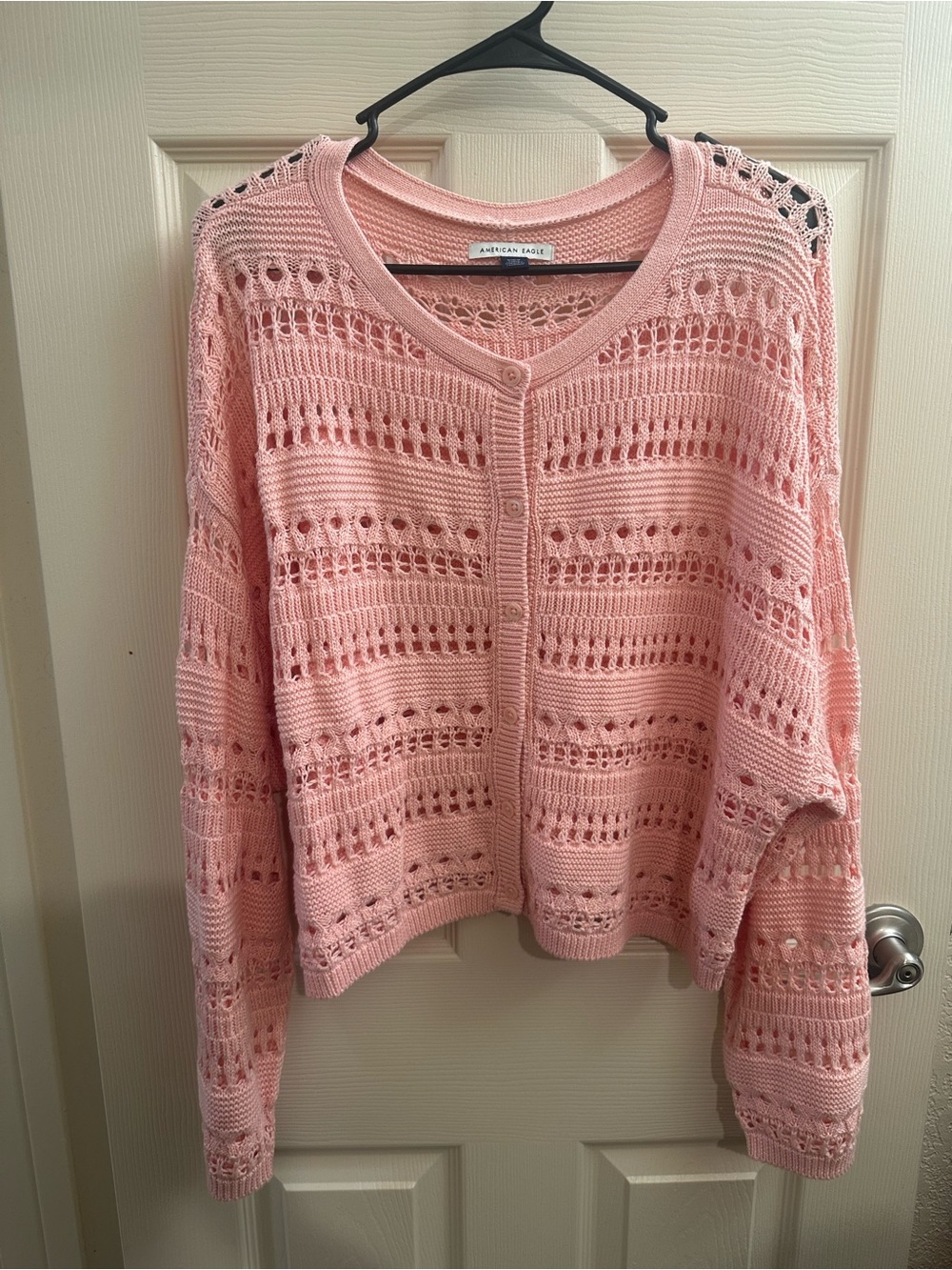 American Eagle Outfitters Light Pink Crochet Button-Up Cardigan